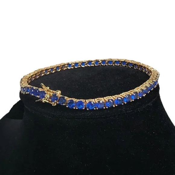 14K Gold Womens 2ct Blue Sapphire Gemstone Tennis Bracelet 14 K Silver Jewelry - Picture 4 of 9